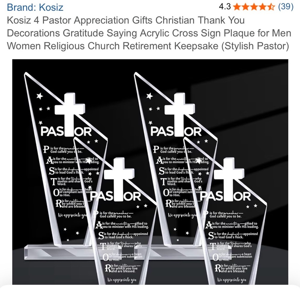Clear Acrylic Pastor Appreciation Plaque with Cross and LED Lights - Set of 4